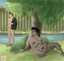 abs avatar_the_last_airbender balls bara being_watched bolin bottomless_male brother brothers brown_eyes clothing color cum cum_drip erect_nipples erection gay green_eyes holding_penis leaning_on_tree mako male_masturbation male_nipples male_only male_pubic_hair masturbation multiple_males multiple_penises nickelodeon nipple_tweak nude_male outdoors penis penis_size_difference pubic_hair removing_shirt semi_incest shirt_pull spread_legs stealth_sex the_legend_of_korra yaoi rating:Explicit score:72 user:loullo555