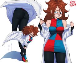 1girls android android_21 android_21_(human) angry ass ass_focus big_ass black_legwear blue_eyes breasts brown_hair coat dragon_ball dragon_ball_fighterz earrings echosaber embarrassed female female_only fully_clothed glasses leggings multiple_angles scientist shoulders shounen_jump white_background rating:Questionable score:239 user:Pootis_Man