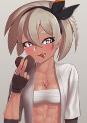 1girls abs bea_(pokemon) blush chocolate cleavage licking_lips muscular muscular_female nintendo pokemon pokemon_ss putcher short_hair solo valentine's_day rating:Questionable score:68 user:MegaMoo