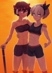 2girls abs ajna_(indivisible) arm_around_partner athletic athletic_female bea_(pokemon) bike_shorts brown-skinned_female brown_eyes brown_hair brown_skin crossover dark-skinned_female dark_skin female female_only fit fit_female grey_hair indivisible lab_zero_games light-skinned_female light_skin looking_at_viewer muscle_tone muscular muscular_female nintendo pokemon pokemon_ss putcher short_hair shorts smile sports_bra sportswear standing_in_water tagme tan_skin wet rating:Questionable score:109 user:MegaMoo