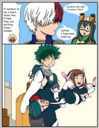 2boys 2girls breasts brown_eyes brown_hair curly_hair english_text green_eyes green_hair hero_outfit_(mha) heroine izuku_midoriya katsuki_bakugou leg_lift my_hero_academia nahual13 ochako_uraraka shouto_todoroki standing_sex text tongue_out tsuyu_asui vaginal_penetration vaginal_sex rating:Explicit score:46 user:DarkKamui54