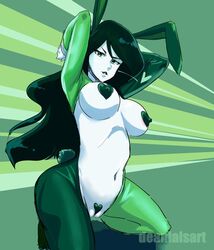 areola belly between_labia big_breasts breasts bunny_ears bunny_tail bunnysuit deanialsart disney green_background green_hair heart innie_pussy kim_possible pasties presenting pussy pussy_lips reverse_bunnysuit shego thighs white_skin rating:Explicit score:111 user:lojo312