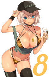 1girls animal_print baseball_cap bikini_tan blue_eyes breasts clavicle cleavage closed_mouth eyebrows_visible_through_hair female female_only food hair_between_eyes hand_on_headwear hat ice_cream large_breasts leopard_print looking_at_viewer mataro_(matarou) navel number original pixiv_id_29952409 short_hair silver_hair simple_background smile solo standing tanline tanlines tanned thighhighs tongue tongue_out whistle white_background wristband rating:Explicit score:75 user:slashfuck