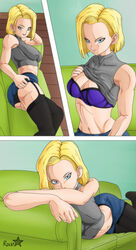 1girls android_18 ass blonde_hair breasts couch dragon_ball female grey_eyes looking_at_viewer r0ckystar short_hair skirt solo stockings upper_body rating:Explicit score:47 user:Rockstar520