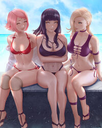 3girls big_breasts bikini blonde_hair blue_eyes breasts cleavage closed_eyes facial_mark feet female female_only fishnets flip_flops forehead_mark hair_over_one_eye hourglass_figure hyuuga_hinata ino_yamanaka large_breasts looking_at_another mcdobo medium_breasts naruto naruto:_the_last naruto_(series) ocean on_bench pink_hair purple_hair sakura_haruno sandals sitting smile smiling toes violet_eyes water rating:Questionable score:427 user:UnrealHarbor