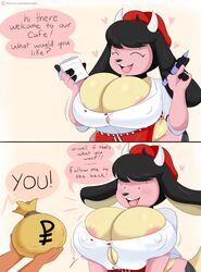 1girls anthro big_breasts breasts cleavage disembodied_hands female huge_breasts jinu large_breasts miltank offscreen_character pokémon_(species) pokemon pokemon_cafe_mix smile speech_bubble text rating:Explicit score:251 user:justausername