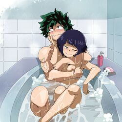 1boy 1girls bath bathing bathroom bathtub blush breasts earlobe_jacks female freckles green_eyes green_hair hand_on_another's_face hand_on_cheek hand_on_face hug izuku_midoriya kyoka_jiro looking_away mixed_bathing my_hero_academia nightlykrumbs nude one_eye_closed purple_hair reflective_body scar smile soap soap_bubbles tagme water wet wholesome rating:Questionable score:623 user:bot