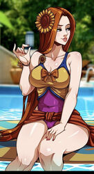 bathing_suit blurry_background brown_eyes brown_hair cameltoe cleavage clothed kyoffie league_of_legends leona_(league_of_legends) lipstick looking_to_the_side painted_nails pink_lipstick pool pool_party_series sitting smiling sunflower surfboard thick_thighs water wristband rating:Explicit score:85 user:twin_Dick_Renekton