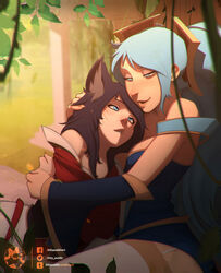 2d 2girls ahri black_hair blue_clothing blue_eyes blue_hair blue_nails blush breast_press breasts clothed clothing eyeshadow face_markings fox_ears fox_girl grey_fur hug kittypuddin league_of_legends light-skinned_female light_skin long_hair pink_lips pink_nails red_clothing riot_games sillygirl sinner smile sona_buvelle white_skin yuri rating:Questionable score:273 user:DragenDragfer