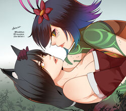 2girls ahri big_breasts black_hair blush breasts clothed clothing eyeshadow flower fox fox_ears fox_girl green_sclera league_of_legends long_hair neeko pink_lips pink_lipstick purple_hair riot_games rude ruderuin short_hair tattoo white_skin wholesome yellow_eyes yuri rating:Questionable score:106 user:DragenDragfer