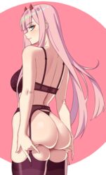 1girls aqua_eyes ass ass_focus ass_support big_ass bra danfer3 darling_in_the_franxx dat_ass female female_only garter_belt garter_straps horns lingerie panties pink_hair presenting_hindquarters smile solo stockings studio_trigger thighhighs thong zero_two_(darling_in_the_franxx) rating:Questionable score:1095 user:crazybaby