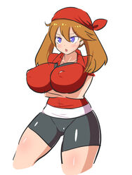 1girls :o big_breasts blue_eyes blush brown_hair dd_(artist) female huge_breasts human large_breasts leggings may_(pokemon) medium_hair nintendo open_mouth pale-skinned_female pale_skin pokemon pokemon_rse shorts sweat thick_thighs tight_clothing white_background wide_hips rating:Questionable score:78 user:Ugabuga