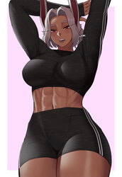 1girls abs alternate_version_available athletic_female big_breasts bunny_ears bunny_girl dark-skinned_female dark_skin female fully_clothed gud0c looking_at_viewer miruko muscular muscular_female my_hero_academia open_mouth red_eyes rumi_usagiyama short_hair solo tagme thick_female thick_thighs white_hair rating:Safe score:430 user:Uglydude452