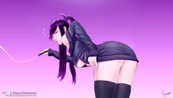 ass goth pink_eyes ponytail purple_eyes purple_hair sayuri_(sayuridrawsthings) sayuridrawsthings tease teasing thick_thighs thighs turtleneck underboob rating:Explicit score:31 user:sayuridrawss