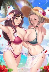 2girls armpits asymmetrical_docking bare_legs bare_shoulders beach bikini breast_press brown_eyes brown_hair cleavage dorothea_arnault exlic female_only fire_emblem fire_emblem:_three_houses flower green_bikini green_eyes hat large_breasts long_hair looking_at_viewer manuela_casagranda midriff nintendo pressing_breasts_together red_bikini seaside short_hair source_request straw_hat sun_hat sunglasses sunglasses_on_head swimsuit yuri rating:Explicit score:132 user:kris923