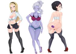 2020 3girls academy_lux academy_shyvana alternate_costume black_hair blonde_hair blue_skin cafin choker dildo ear_piercing fiora_laurent high_heels inviting league_of_legends looking_at_viewer looking_back luxanna_crownguard open_toe_shoes panties ponytail purple_panties riot_games school_uniform shyvana silver_hair skimpy skimpy_clothes skirt_lift spread_pussy tagme thighhighs two_tone_hair rating:Explicit score:98 user:ScipioMaior