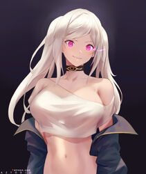 1girls azto_dio bangs bare_shoulders black_jacket breasts choker collarbone crop_top female fire_emblem fire_emblem_awakening glowing glowing_eyes grima_(fire_emblem) grin highres jacket large_breasts long_hair long_sleeves looking_at_viewer navel off_shoulder open_clothes open_jacket pink_eyes robin_(fire_emblem) robin_(fire_emblem)_(female) shirt smile swept_bangs twintails white_hair white_shirt rating:Questionable score:172 user:kris923