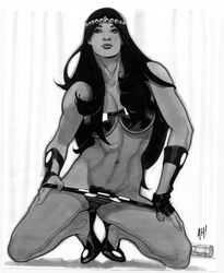 1girls adam_hughes barda_free big_barda dark_hair dc dc_comics female female_only female_pubic_hair fit fit_female kneeling long_hair mister_miracle_(series) monochrome muscle muscles muscular muscular_female navel panty_pull pubic_hair solo tiara toned toned_female rating:Explicit score:48 user:bot