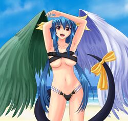 asymmetrical_wings beach bikini blue_hair blush breasts dizzy_(guilty_gear) guilty_gear hair_ribbon long_hair ocean open_mouth red_eyes ribbon smile swimsuit tail tail_ribbon tied_hair twintails uizu underboob wings wiz_(shadow) rating:Explicit score:9 user:bot