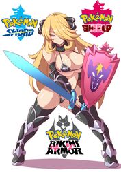 1girls alternate_breast_size anime_style armor big_ass big_breasts bikini bikini_armor blonde_hair blushing cynthia_(pokemon) female gray_eyes huge_breasts human konno_tohiro naughty_face nintendo pokemon pokemon_ss seductive seductive_smile shield smile solo solo_female sword thick_thighs very_long_hair white_background yellow_hair rating:Explicit score:222 user:Amy_haruko_the_sexy_maid