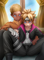 2boys age_difference bandage bandaged_arm bed bedroom blonde_hair blue_eyes blush boruto:_naruto_next_generations bulge clothing father_and_son forehead_protector fully_clothed gay headband incest indoors inside jacket male male/male male_only naruto naruto_(series) necklace older_male older_man_and_younger_boy open_mouth ryzeno sitting spread_legs spreading uzumaki_boruto uzumaki_naruto whisker_markings whiskers window yaoi younger_male rating:Questionable score:26 user:kurosara