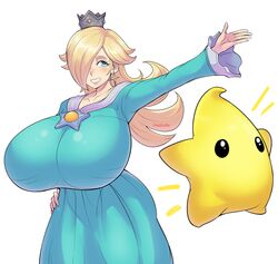 1girls alternate_breast_size big_breasts blonde_hair blue_eyes blush breasts dress female huge_breasts large_breasts long_hair luma mario_(series) nintendo pinkkoffin princess_rosalina standing super_mario_galaxy tight_clothing white_background rating:Questionable score:165 user:Bikuta69