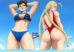 2girls abs ass beach bikini blonde_hair blue_eyes blue_sky blush blushing braid braided_hair breasts brown_eyes brown_hair butt cammy_white chun-li cleavage clothed clothed_female clothes clothing clouds color colored day dutch_angle echosaber embarrassed female female_only fully_clothed human human_only large_breasts long_hair looking_back midriff multiple_females multiple_girls muscular muscular_female one-piece_swimsuit outdoors outside revealing_clothes sky spiked_bracelet street_fighter sweat sweating swimsuit thick_thighs uncensored very_long_hair water wet rating:Questionable score:371 user:Freezer88