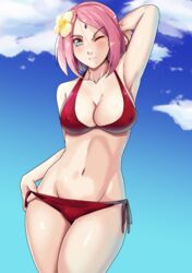 1girls abs armpits bare_arms bare_shoulders bikini bikini_bottom bikini_top blush breasts cleavage clothed clothing erect_nipples female flower flower_in_hair forehead_jewel forehead_mark green_eyes hair_flower legs legs_together lipstick naruto naruto:_the_last naruto_(series) naruto_shippuden nico-mo nipple_bulge nipples one_eye_closed outdoors outside pale-skinned_female pale_skin panties pink_hair pink_lips pink_lipstick pose posing red_bikini red_panties red_swimsuit revealing_clothes sakura_haruno short_hair shounen_jump sky solo solo_female solo_focus standing swimsuit thick_thighs thighs voluptuous wide_hips wink rating:Questionable score:173 user:DarkShuriken