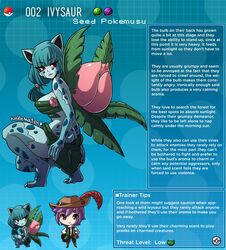 bare_legs bare_shoulders blue_background blue_skin chibi english_text flower green_hair hair_bobbles hi_res ivysaur kinkymation leaves monster_girl nintendo page_2 personification pokémon_(species) pokedex pokemon pokemon-girl_encyclopedia pokemon_rgby pokemorph pokemusu ponytail profile purple_hair red_eyes tagme text thick_thighs vines watermark rating:Questionable score:114 user:Hung_Kyle_19