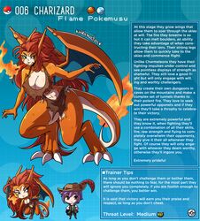 1boy 1girls big_breasts breasts charizard claws cleavage english_text female fire hi_res horn horns kinkymation male monster_girl nintendo orange_skin page_6 personification pokemon pokemon-girl_encyclopedia pokemon_rgby pokemorph pokemusu profile purple_hair text wings rating:Questionable score:107 user:Hung_Kyle_19