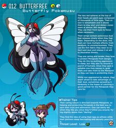 butterfly_wings butterfree dark_purple_hair english_text hi_res kinkymation monster_girl nintendo page_12 personification pokedex pokemon pokemon-girl_encyclopedia pokemusu profile purple_skin red_eyes text wings rating:Questionable score:119 user:Hung_Kyle_19