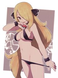 1girls bikini blonde_hair breasts cleavage clothing cynthia_(pokemon) female female_only hairbow human lamb-oic029 legs_together long_hair looking_at_viewer open_mouth pokemon pokemon_dppt solo wide_hips rating:Questionable score:57 user:justausername