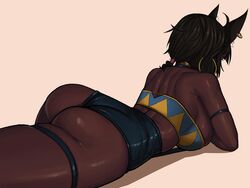 1girls ahoge_catgirl_(kevbot) animal_ears ass back bare_shoulders black_hair dark-skinned_female dark_skin earrings female female_only hoop_earrings humanoid kemonomimi kevbot large_breasts lying lying_on_stomach nekomimi original short_hair simple_background skin_tight solo very_dark_skin rating:Questionable score:232 user:34chan