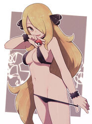 1girls bikini black_bikini blonde_hair cynthia_(pokemon) female hair_ornament lamb-oic029 large_breasts pokeball pokemon solo rating:Questionable score:70 user:red3301