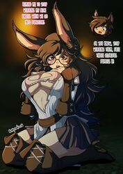 animal_ears blush bra bunny_ear cat_ears dialogue english_text final_fantasy final_fantasy_xiv glasses heart-shaped_pupils kanna_(kinkymation) kinkymation long_hair on_knees ripped_clothing viera rating:Safe score:70 user:!nner$elf89