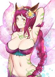 1girls 2019 ahri big_breasts breasts eclipse_series elderwood_ahri face_markings female flower fox fox_girl horn league_of_legends long_hair multiple_tails purple_hair riot_games smile solo solo_female tail tattoo vastaya weimiao white_skin yellow_eyes rating:Safe score:67 user:DragenDragfer