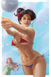 2girls abs artist_logo beach bikini black_hair blue_bottomwear breasts brown_eyes cleavage dc_comics diana_prince female female_only green_eyes hi_res medium_breasts multicolored_bikini muscular muscular_female olive_skin patreon_username prywinko red_hair red_topwear solo_focus string_bikini tiara wonder_woman wonder_woman_(series) rating:Questionable score:95 user:justausername