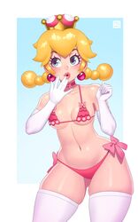 1girls :o bare_shoulders bikini bimbo_lips blonde_hair blush choker collar crown curvy earrings elbow_gloves eyes_visible_through_hair female female_only gloves grey_eyes human human_only light-skinned_female light_skin lips lipstick looking_to_the_side mario_(series) medium_breasts new_super_mario_bros._u_deluxe nintendo pale-skinned_female pale_skin panties peachette pearl_earrings pigtails pink_bikini ribbons rizdraws simple_background solo solo_female stockings string_bra super_crown thick thick_thighs thigh_gap thighhighs thighs toadette white_thighhighs wide_hips rating:Questionable score:352 user:Ugabuga