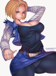 1girls 2020 alamanderarts android android_18 big_breasts blonde_hair blue_eyes bob_cut cleavage clothed clothed_female cyborg dragon_ball dragon_ball_z female female_only fully_clothed short_hair solo source_request rating:Explicit score:115 user:Deku51