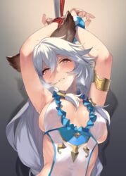 1girls 92m animal_ears armpits arms_tied arms_up blush granblue_fantasy heles large_breasts sideboob solo sweat tied_up rating:Questionable score:76 user:MegaMoo