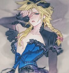 bed bed_sheet blonde_hair blue_eyes blush braid cloud_strife corset crossdressing dress eye_contact femboy final_fantasy final_fantasy_vii green_eyes male_only nipples pigtails pov sissy solo solo_male sweat thunder_head rating:Safe score:86 user:cowrycrow