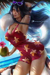 1girls ahri arm_up armpits bare_legs big_breasts blush breasts cleavage coconut dark_hair dress face_markings female female_only large_breasts league_of_legends long_hair looking_at_viewer nail_polish olchas red_lipstick solo standing yellow_eyes rating:Explicit score:102 user:justausername