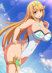 1girls 2018 bangs bare_arms bare_shoulders blonde_hair blue_sky blush breasts chest_jewel choker cleavage day earrings eyebrows_visible_through_hair female female_only highres jewelry large_breasts long_hair midriff mythra nintendo one-piece_swimsuit open_mouth outdoors ponpo skindentation sky solo straight_hair strapless strapless_swimsuit swimsuit thick_thighs thigh_strap thighs tiara v-shaped_eyebrows very_long_hair white_choker white_swimsuit xenoblade_(series) xenoblade_chronicles_2 yellow_eyes rating:Questionable score:98 user:Blookryynnn