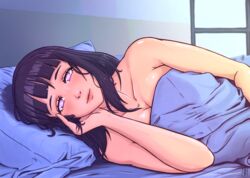 1girls bed_sheet blush breasts cleavage covering female female_only hyuuga_hinata inhus looking_at_viewer lying naruto naruto_(series) naruto_shippuden nude on_bed on_side purple_hair smile solo violet_eyes rating:Safe score:136 user:UnrealHarbor