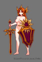 armor barefoot breasts english_text grey_background holding holding_shield holding_sword holding_weapon league_of_legends leona_(league_of_legends) navel nipples orange_eyes orange_hair outline pixel_art pussy ruina ruina11011 shield simple_background standing sword weapon white_outline rating:Explicit score:56 user:bot