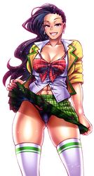 abs alternate_costume ass_visible_through_thighs asymmetrical_hair black_hair brazilian brazilian_tan breasts cameltoe chiba_toshirou earrings female green_skirt highres jewelry large_breasts laura_matsuda looking_at_viewer navel panties pink_nails skirt skirt_lift smile solo stomach street_fighter street_fighter_v thigh_gap thighs thong underwear white_legwear rating:Explicit score:93 user:Laura_and_Juri