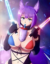 2019 ahoge animal_ears animal_humanoid beat_saber between_breasts big_breasts bikini bikini_top blush breasts bubble_tea bubble_tea_challenge cleavage colored_background commission eyebrows_raised female first_porn_of_franchise fox_ears fox_girl fox_tail gloves glowstick highleg hourglass_figure kellzallday leotard light-skinned_female light_skin looking_at_viewer multicolored_bikini mura_(woops) neon ninja_headband original purple_eyes purple_hair shaded short_hair signature smile solo solo_female string_bikini tail watermark woops rating:Questionable score:133 user:52_layers