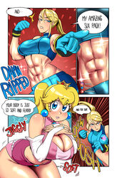 2girls abs big_breasts blonde_hair blue_eyes breasts cleavage cleavage_cutout clothing comic crossover crown dialogue earrings english_text eyebrows_visible_through_hair eyelashes female female_focus female_only gloves instagram large_breasts long_hair mario_(series) metroid mole mole_under_mouth nintendo patreon plump princess_peach samus_aran sasatseng shiny_skin simple_background slightly_chubby speech_bubble super_smash_bros. text the_wrestling_princess toned toned_female twitter_username white_gloves rating:Questionable score:91 user:SplatLover