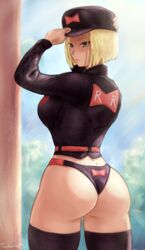 1girls android_18 ass blonde_hair blue_eyes dragon_ball dragon_ball_super dragon_ball_z female female_only hat huge_ass huge_butt panties plump_ass short_hair solo solo_female thighhighs tuomashart uniform rating:Questionable score:231 user:Cyborg_18