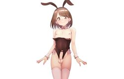 1boy all_male animal_ears blush brown_eyes brown_hair bunny_ears bunnysuit censored femboy headband hokuro_ryuuseigun leotard male male_only nipples original penis short_hair solo thighhighs trap white wristwear rating:Explicit score:59 user:bot